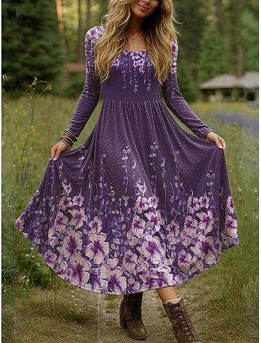  Mujer Vestido maxi Vestido ajustado y acampanado Vacaciones Casual Boho Fiesta Diario Noche Ajuste regular Floral A Lunares Manga Larga Cuello Barco Azul Piscina Azul cielo Morado Verde Trébol Otoño