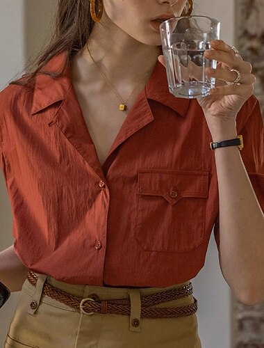  Women's Shirt Texture Blouse Blouse Plain Modern Casual Short Sleeve Shirt Collar Regular Tops Holiday Going out Pocket Buttons Wine Summer