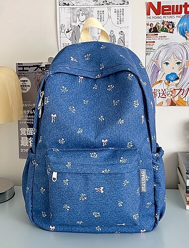  Zaino in denim con stampa floreale per ragazze – grazioso zaino leggero con piccolo fiocco e motivo floreale per studentesse adolescenti