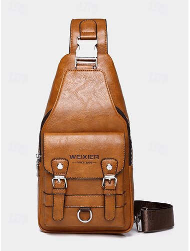  Men's Vintage Faux Leather Sling Bag – Multi-Pocket Crossbody Chest Pack for Casual, Travel and Outdoor Activities