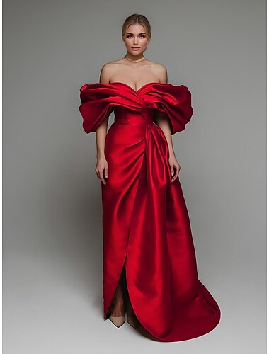  Vestido de noite vermelho com corte em A, elegante, formal, para casamento, cauda longa, sem mangas, ombro de fora, cetim com fenda, franzido e pregas 2025