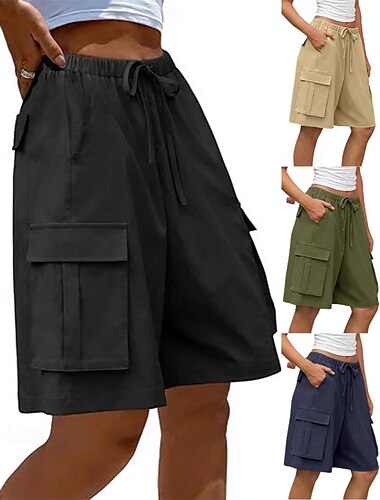  Dame Shorts med lommer Shorts Mode Gade Knælængde Naturlig Ensfarvet Lomme Elastisk Talje Snørelukning Åndbarhed Bekvem Mikroelastisk Sport & Udendørs Dagligdagstøj Sort militærgrøn Navyblå Kakifarvet