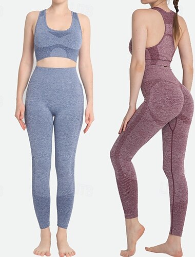  Női 2 darab Jóga melegítőruha Lounge öltözékek Sportmelltartó varrás nélküli leggings Tömör szín Ruházat Stétszürke Fekete Edzőterem edzés Magas derék Rugalmas Légáteresztő Ujjatlan Sport Sportruházat