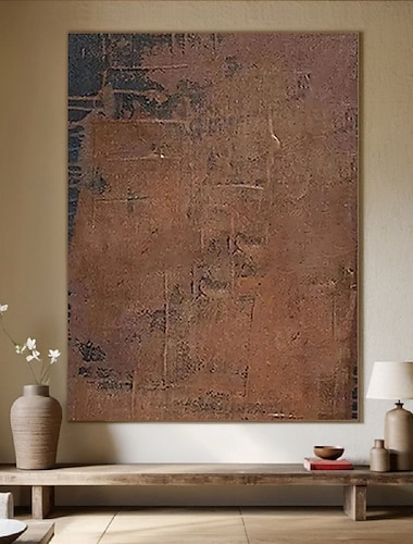  handmade textured oil painting abstract earth tones aged effect brown taupe deep charcoal cracks canvas wall art vintage inspired minimalist decor living room ready to hang luxury gift
