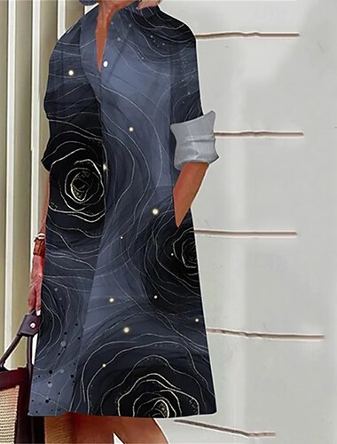  Mulheres Vestido midi Camisetão Vestido casual Moda Moderno Diário Praia Final de semana Normal Flor Manga Longa Colarinho de Camisa Azul Branco Amarelo Rosa Primavera Outono