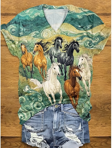  Dames T-shirt Grafisch dier Vintage Casual Korte mouw V-hals Normale tops Dagelijks Weekend Afdrukken Geel Groen Zomer Lente