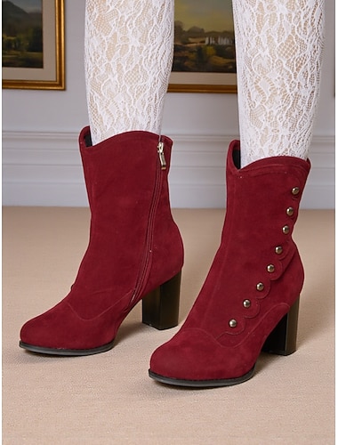 Dames Laarzen Knooplaarzen Retro Feest Werk Dagelijks Booties enkellaarzen Knoop Blokhak Ronde Teen Elegant Vintage Imitatiesuède Rits Wijn Zwart Blauw