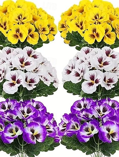  6 حزم من زهور البانسيز الاصطناعية للاستخدام الداخلي والخارجي، نباتات بلاستيكية مزيفة مقاومة للعوامل الجوية للحديقة، ديكور المنزل، أبيض أرجواني أصفر