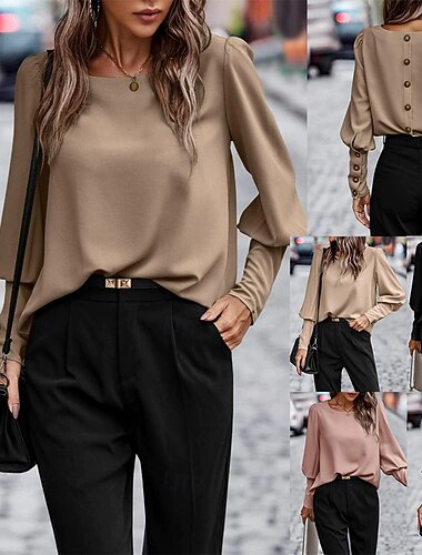  Per donna Camicia Blusa con texture Semplice Quotidiano Elegante Essenziale Manica Lunga Girocollo Top Regolari Lavoro Quotidiano Ferie Bottoni Nero Verde militare Marrone Primavera Autunno