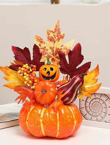  Halloween őszi asztali dísz tökös dekorációval halloween buliba, őszi juharlevelek, habszivacs tök kellék arató fesztiválra, őszi jelenet megjelenítése és ünnepi dekoráció