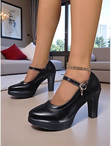  Women's Black Mary Jane Platform Heels – Faux Leather Round Toe Chunky Pumps for Office, Daily Wear & Retro Party Looks