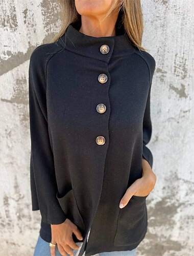  Γυναικεία Παλτό Casual Jacket Άνετο Τσέπη Κουμπιά Μοντέρνα Καθημερινό Σκέτο Εξόδου Σαββατοκύριακο Μονόπετο Κανονικό Όρθιος Γιακάς Κανονικό Μακρυμάνικο Εξωτερικά ενδύματα Μαύρο Ρουμπίνι Καφέ