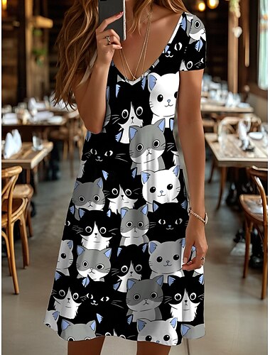  Damskie Sukienka mini Codzienne sukienki Sukienka t-shirtowa Sukienka A line Letnie sukienki Urlop Codzienny Święto Regularny Graficzny Zwierzę Kot Krótki rękaw Półgolf W serek Czarny i biały Żółty