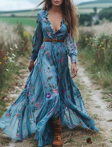  Naisten Pitkä mekko Maxi mekko Kukka mekko Boho-mekko Länsimainen mekko Tyylikäs Muoti Moderni ulko- Loma Päivittäin Normaali Kukka Pitkähihainen V kaula-aukko Sininen Kesä