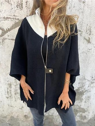  Per donna Cappotto Giacca Casual Caldo Confortevole Patchwork Cerniera Moda Moderno Casual Blocco di colori Uscire Weekend Cerniera Regolare Collo alla coreana Vestibilità regolare Manica 3/4