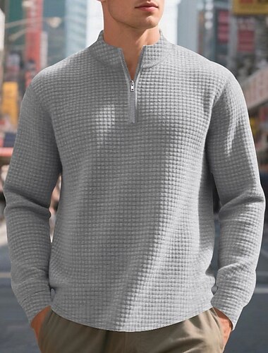 Voor heren Wafel Poloshirts Poloshirts Alledaagse kleding Afspraakje Kwart ritssluiting Lange mouw Modieus Basic Effen Vetoketju Lente Herfst Normale pasvorm Zwart Wit Wijn Khaki Lichtgrijs Leger