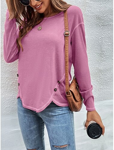  Mulheres Blusa Côr Sólida à moda Casual Manga Longa Gola Redonda Tops regulares Diário Patchwork Preto Rosa Vinho Cáqui Azul Claro Outono