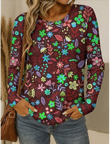  Dame T-skjorte Crew Neck Lange Ermer Tunika Blomster Grafisk Planter Vintage Stilren Klassisk Rund Hals Vanlige Topper Daglig Print Rød Blå Lilla Brun Grønn Høst