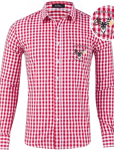  Oktoberfest Kostkovaný vzor Košile Lederhosen Jelení tisk Bavorský němčina Louky Pánské Karneval Pivní festival Tradiční Styl Tkanina Tričko