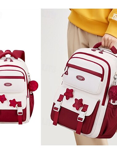  Zaino scolastico rosso e bianco per ragazze – grazioso zaino di grande capacità con toppe a forma di stella e ciondolo a pompon per adolescenti