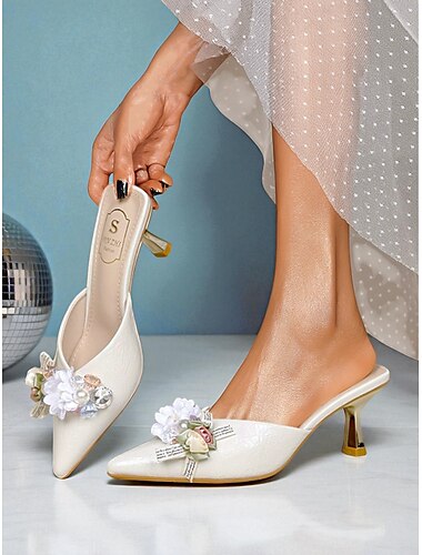  Mules femininas com salto gatinho e decoração floral branca - sapatos elegantes de festa para coquetéis e ocasiões elegantes