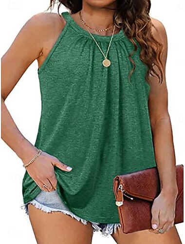  Dame Camisole tanktop Helfarve Daglig Afslappet Uden ærmer Halterhals Almindelige toppe Daglig Hvid Lyserød Grøn Grå Sommer Forår