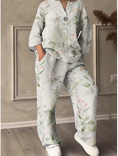  Γυναικεία Ενεργό Μοντέρνα Σετ παντελονιών Μακρυμάνικο Λαιμόκοψη V Φλοράλ Στάμπα Διακοπές Καθημερινά Αργίες Μαύρο Λευκό Πράσινο του τριφυλλιού Καλοκαίρι Κανονικό