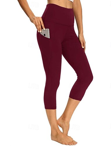  Mujer pantalones Polainas Mallas De Deporte Medio corto Tiro Alto Plano Bolsillos laterales Confortable Levantamiento de tope Control de barriga Yoga Casual Diario Negro Burdeos Azul Gris Primavera