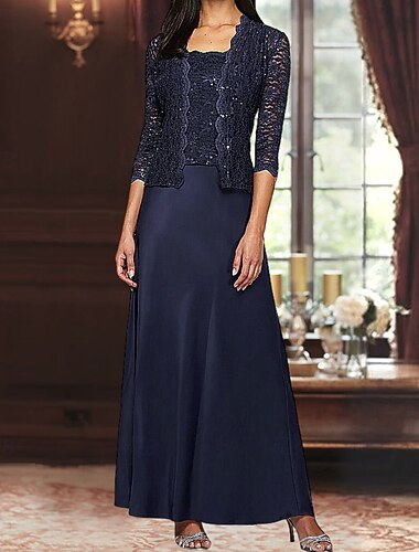  A-Linie 3-teilige Mutter der Braut Kleid Formelles Hochzeitsgast Kleid Elegant Einfach Luxuriös Quadrat-Ausschnitt Bodenlänge Satin Spitze 3/4 Länge Ärmel mit Spitze Pailletten