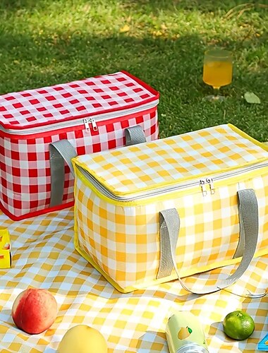  grande borsa termica da picnic - rossa &Tessuto Oxford a quadri bianchi multiuso per viaggi all'aperto &Cestino portaoggetti da campeggio con custodia per laptop ideale per picnic, feste, festival -