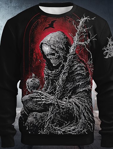  Halloween Herren Teufel Sensenmann Pullover Sweatshirt Sweatshirt mit Kapuze Rundhalsausschnitt Punk 3D-Druck Urlaub Ferien Schwarz 1 Schwarz Rundhalsausschnitt 3D Ganzjahres Designer