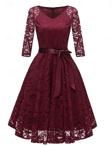  Damen Midikleid Spitzenkleid Cocktailkleid Kleid für Hochzeitsgäste Chiffon Elegant Mode Modern Outdoor Cocktailparty Normale Passform Einfach Dreiviertelarm V Ausschnitt Rosa Wein Grau Sommer