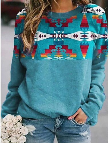  Per donna Felpe Grafico Geometrico Casual Manica Lunga Girocollo Top Regolari Casuale Blu Cachi Autunno