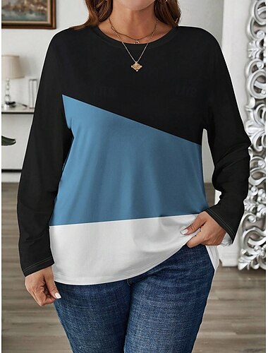  Damen Übergröße Oberteile T Shirt Geometrie Druck Langarm Rundhalsausschnitt Lässig Täglich Polyester Herbst Winter Blau Braun