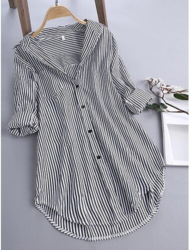  Women's Casual Jacket Shacket Comfortable Breathable Pocket Buttons Print Casual Stripe Vacation Street Daily Wear Going out Single Breasted Long Stand Collar Regular Fit Long Sleeve Outerwear Black