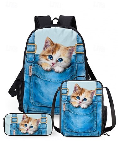 Conjunto de mochila infantil com estampa de gato e bolsos jeans de 3 peças da Kayomi Harai - design fofo de desenho animado, lancheira térmica, alça de ombro ajustável, ótima para escola, viagens e uso diário