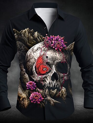  Pánské Lebky Květiny Halloweenské kostýmy Košile Košile na knoflíky Dlouhý rukáv Temný gotický styl Dovolená Streetwear Léto Jaro Přehnutý 3D tisk košile s límečkem Černá