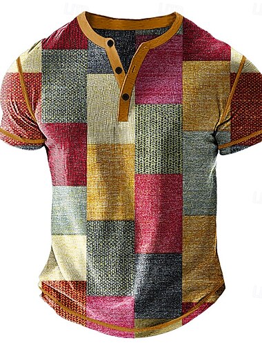  Per uomo Patchwork Maglia Henley Maglietta a nido d'ape Manica Corta Quotidiano Retrò Vintage Grafica Sport all'Aperto Casuale Ferie Primavera & Estate Tutte le stagioni Blu Verde Rosso Viola Cachi