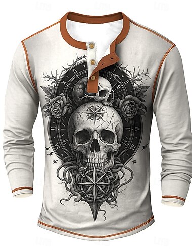  Per uomo Halloween Grafico Teschi cool Maglia Henley Maglietta Manica Lunga Vintage Moda Designer All'aperto Casuale Quotidiano Autunno Primavera & Autunno Blu Verde Kaki Beige Henley Maglietta Henley