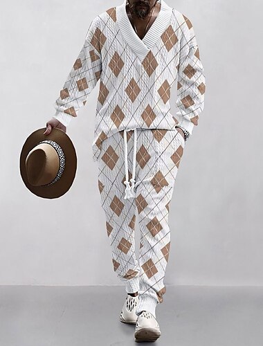  Per uomo Completi T-shirt Set di Pantaloni Outfit 2 pezzi Integrale Scollo a V Primavera & Autunno Geometrico Moda Casual 2 Pezzi Vacanza Abbigliamento quotidiano Uscire Nero Bianco Maglietta Top per