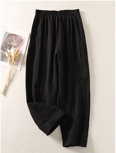  Women's Cotton Linen Pants Chinos Ethnic Style Basic Casual Full Length High Waist Plain Pocket Drawstring Comfort Outdoor Stretchy Vacation Street Daily Black White Fuchsia Orange Summer Spring