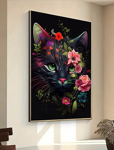  1 stampa artistica su tela con gatto floreale e vibrante, decorazione murale moderna senza cornice, adatta per soggiorni, camere da letto e uffici domestici - poster su tela per interni con disegni