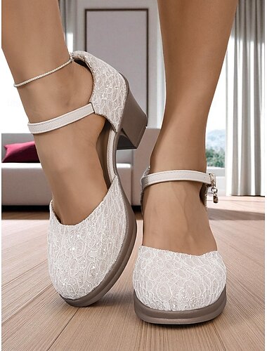 Sapatos Mary Jane de salto grosso e renda para mulheres - sapatos de casamento confortáveis de salto baixo com tira ajustável para noivas, festas no jardim e chás da tarde