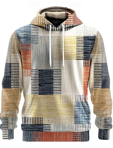  Homens Geométrica Xadrez Moletons Moletom Moletom Moletom com capuz Gola Redonda Étnico Impressão 3D Feriado Streetwear Vermelho Azul Com Cordão Outono Inverno Designer