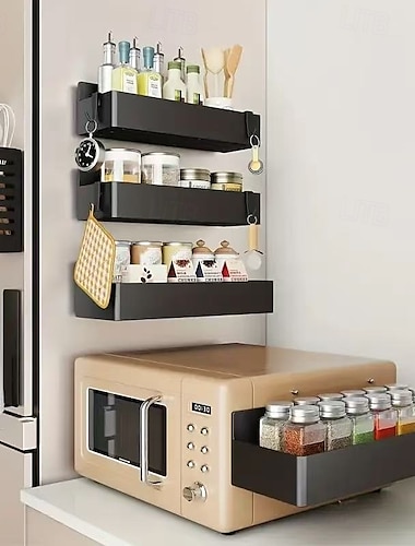  2 kpl suuria magneettisia säilytyskoreja, ei porausta tai liimaa, irrotettavat monikäyttöiset hyllyt jääkaapille, mikroaaltouunille, pesukoneen puolelle, magneettinen maustejärjestelijä keittiöön