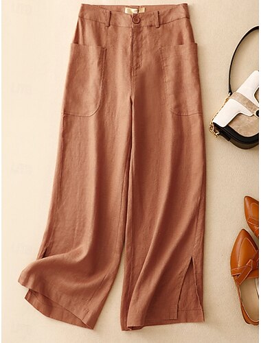  Per donna Pantaloni in cotone e lino Gamba larga Chinos Vacanza Vintage Moda Lunghezza intera Vita Alta Semplice Tasca Comodità All'aperto Inelastico Vacanza Streetwear Quotidiano Giallo Arancione