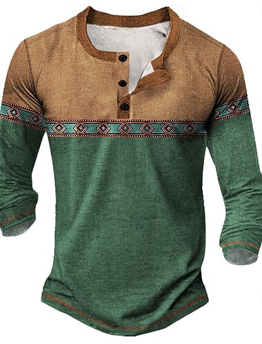  Homme Graphique Géométrique Ethnique Chemise Henley T-shirt manche longue ancien Mode Designer Extérieur Occasionnel Quotidien Automne Printemps & Automne Vert foncé Marron foncé Vert lucide Henley