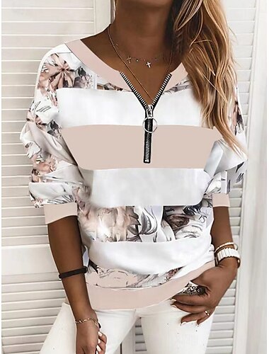  Dámské Halenka Proužky stylové Na běžné nošení Dlouhý rukáv Do V Běžné topy Denní Zip Tisk Žlutá Světlá růžová Vodní modrá Jaro Podzim