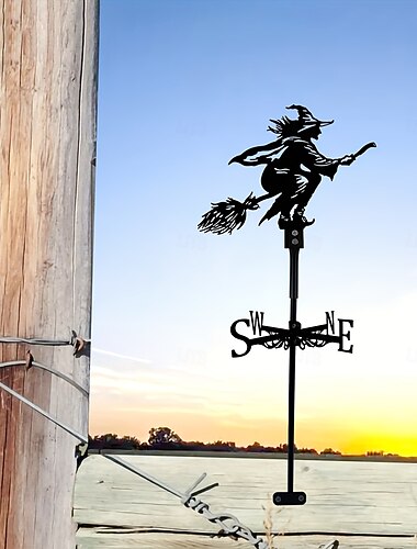  schwarze Wetterfahne aus Eisen mit Hexe auf Besen - 1 Stück Silhouette für den Außenzaun &Bauernhausdekor - Gartenstecker Hofschild für Rasen &rustikales Halloween-Blinker-Kit für den Garten