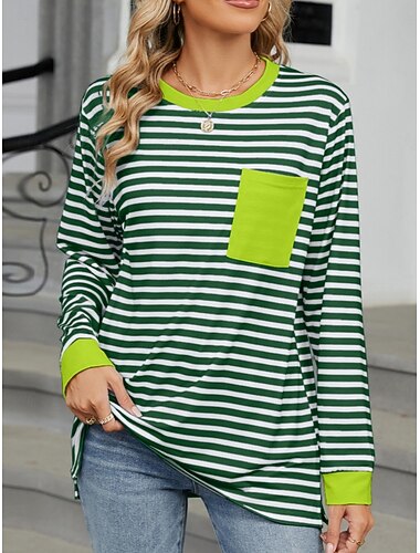  Per donna Maglietta A righe Moda Elegante Moderno Manica Lunga Girocollo Top Regolari Quotidiano Weekend Stampato Nero Blu Viola Verde Estate Primavera Autunno